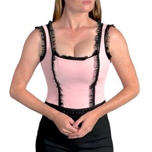 MOSCHINO CHEAP AND CHIC FRENCH MAID PINK BLACK RUFFLE TRIM FEMININE BUSTIER TOP